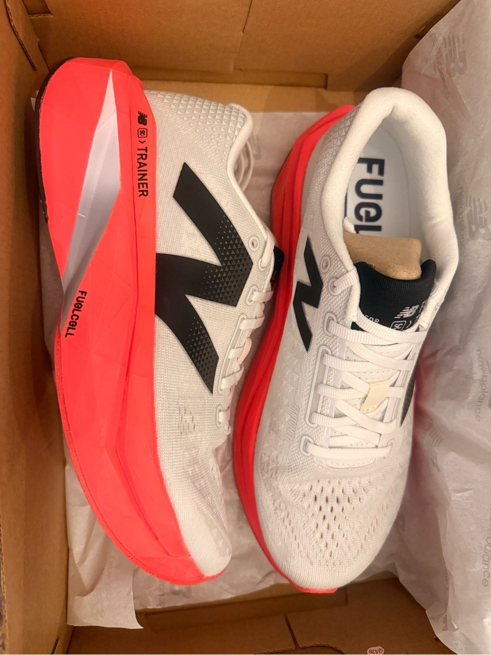 New Balance White & Coral/Red FuelCell Trainer Sneakers